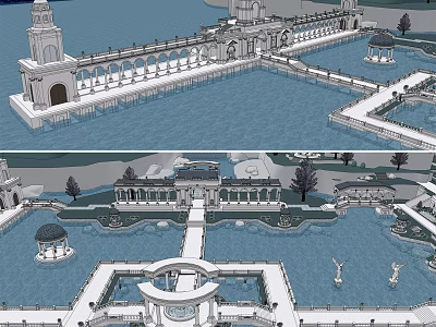 Ancient Architecture Complex With Water Pools Pavilions Stone Bridges And Archways 3d model