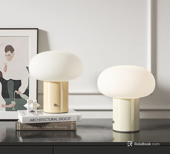 Modern White Dome Shade Table Lamps with Beige and White Bases on Stack of Books 3d model 