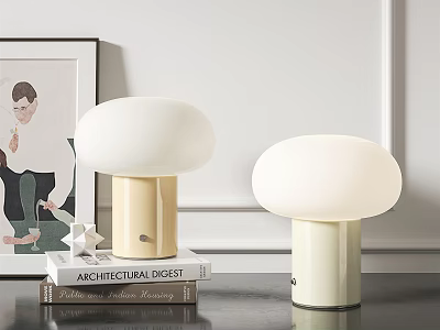 Modern White Dome Shade Table Lamps with Beige and White Bases on Stack of Books 3d model