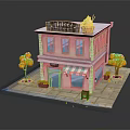 Pink Ice Cream Shop Building with Striped Awning Red Mailbox Orange Trees and Flower Pots