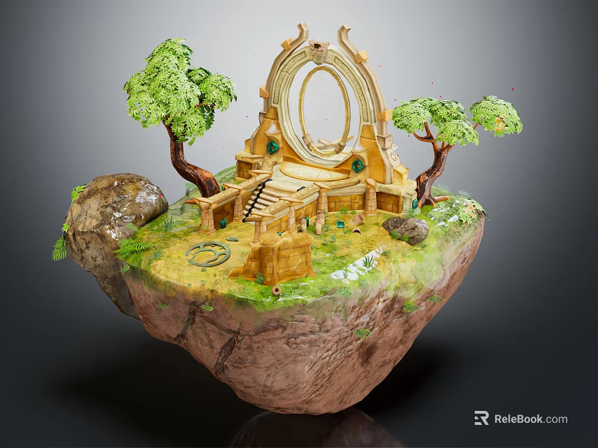 Cartoon Scene Featuring Floating Rock Platform With Arched Portal Green Trees And Steps 3d model 