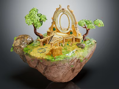 Cartoon Scene Featuring Floating Rock Platform With Arched Portal Green Trees And Steps 3d model
