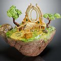 Cartoon Scene Featuring Floating Rock Platform With Arched Portal Green Trees And Steps