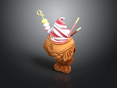Decorative Ice Cream Cone With Swirl Ice Cream Candies And Spoons 3d model