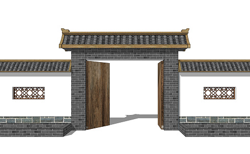 Chinese-style gate building courtyard wall 3d model