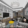 Modern Living and Dining Room Interior With White Wall TV Sofa Yellow Coffee Table Chandelier