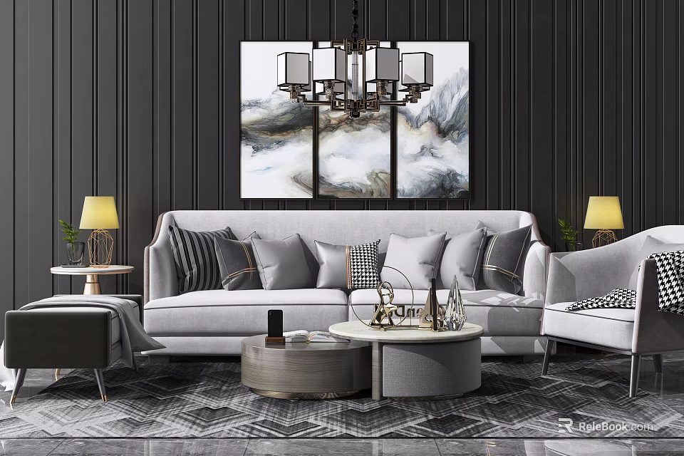 Modern Grey Sofa and Coffee Table Set with Pillows Artwork and Chandelier 3d model