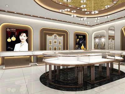 Elegant Modern Jewelry Store Interior With Glass Display Cases Round Counters And Luxury Lighting 3d model