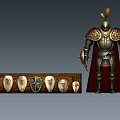 Man In Medieval Armor Standing With Shields Display On Wooden Rack