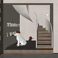 Modern Interior With Spiral Staircase Dog Statues Wearing Orange Hats Bookshelves And Pendant Light
