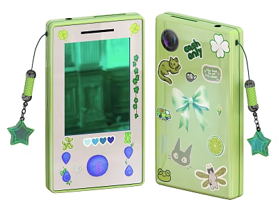 Green Flip Phone With Cartoon Stickers Frog Cat Bow Star Charm And Decorative Patterns Buttons 3d model