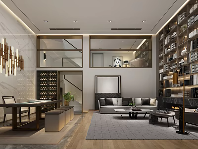 Modern Basement Interior Design With Comfortable Sofa Bookshelf Wall And Wine Cellar 3d model