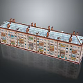 Row House Residential Building Model With Multiple Windows And Roof Chimneys