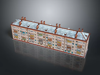 Row House Residential Building Model With Multiple Windows And Roof Chimneys 3d model