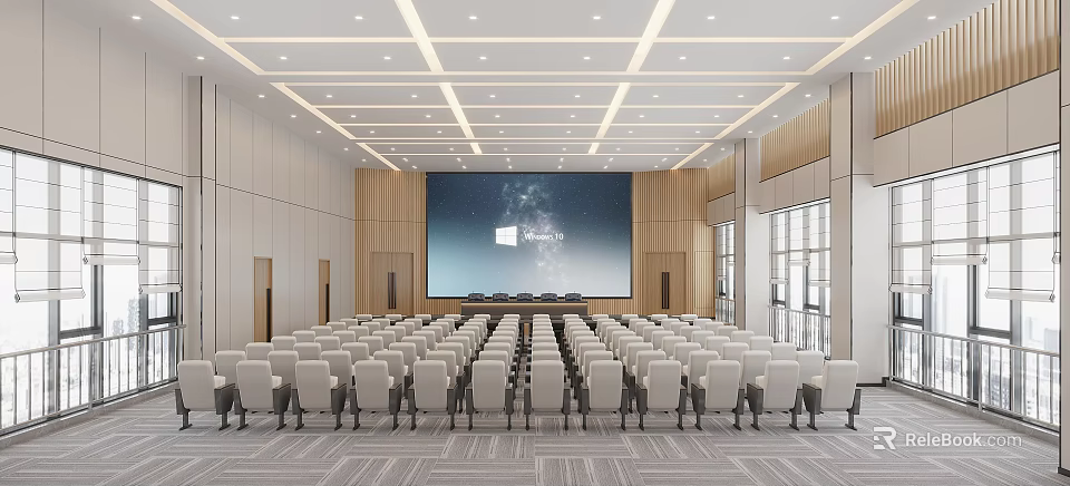 Modern Conference Room Interior With Large Projection Screen And White Chairs Arranged In Rows 3d model 