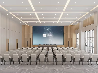 Modern Conference Room Interior With Large Projection Screen And White Chairs Arranged In Rows 3d model