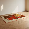 Square Rug With Geometric Pattern Brown Red Beige Color And Orange Border On Herringbone Floor 3d model