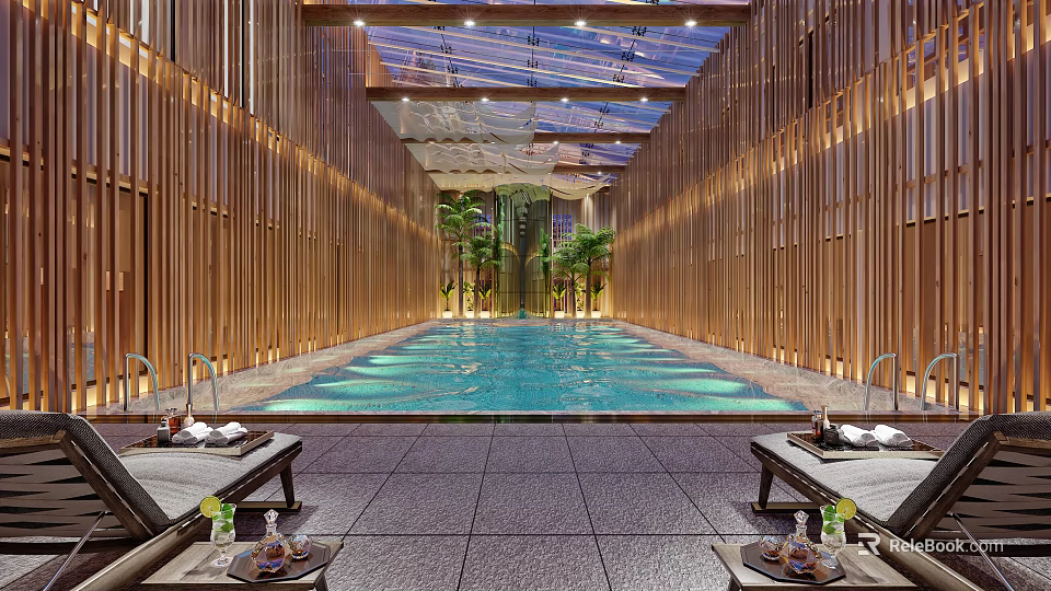 Elegant Modern Swimming Pool Interior With Wooden Walls Glass Skylight And Green Plants 3d model 