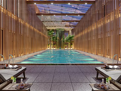 Elegant Modern Swimming Pool Interior With Wooden Walls Glass Skylight And Green Plants 3d model