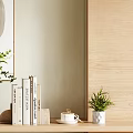 Decorative Ornament Set On Wooden Shelf With Abstract Painting Greenery Vase Books Small Potted Plant