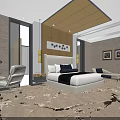 Modern Hotel Room Interior With Large Bed White Chair And Wall Paintings