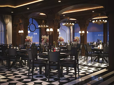 Elegant Restaurant Interior With Chandeliers Black And White Checkered Floor Flower Arrangements And Tables Chairs 3d model
