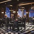 Elegant Restaurant Interior With Chandeliers Black And White Checkered Floor Flower Arrangements And Tables Chairs
