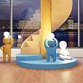 Wooden Spiral Staircase With Blue Base Miniature Figures And City Night View Through Large Windows