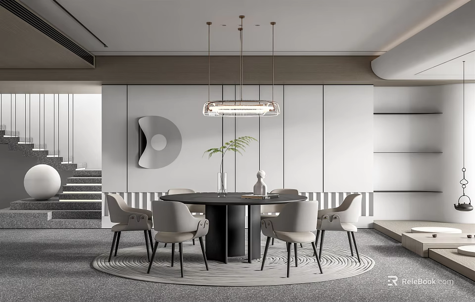 Modern Restaurant Interior Design With Round Dining Table Chairs Pendant Light And Decorative Wall Art 3d model 