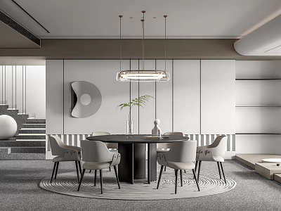 Modern Restaurant Interior Design With Round Dining Table Chairs Pendant Light And Decorative Wall Art 3d model