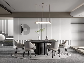 Modern Restaurant Round Dining Table and Chair Chandelier Staircase Tatami Tea Table 3d model