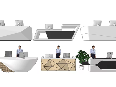 Modern Reception Desk Designs With Geometric Shapes Computer Monitors And Potted Plant 3d model