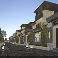 Traditional Chinese Terraced Townhouses Exterior With Street Trees Lighting And Decorations