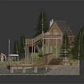 Wooden Cabin Surrounded by Pine Trees with Wooden Deck and Dock Near Boat