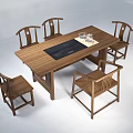 Solid Wood Tea Table with Black Tea Tray and Five Chinese Style Chairs 3d model
