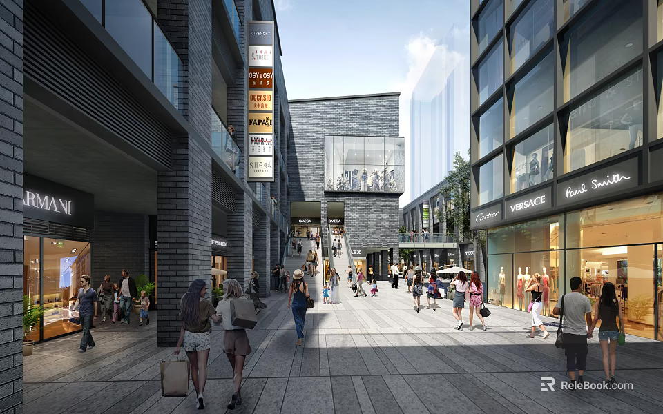 Vibrant Commercial Street With Modern Buildings Pedestrians Retail Shops And Open Space 3d model 