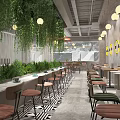 Modern Open Restaurant Interior With Green Plants Hanging Lights And Black White Floor Tiles