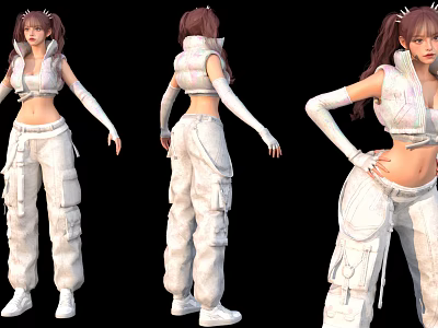 Stylish Game Movie Character With White Crop Top Cargo Pants And Pigtails Hairstyle 3d model
