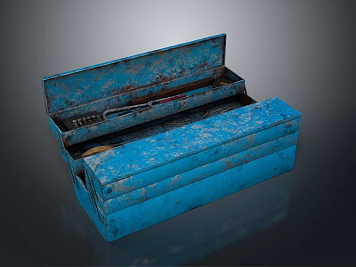 Blue Worn Vintage Toolbox With Multiple Compartments And Tools Inside 3d model