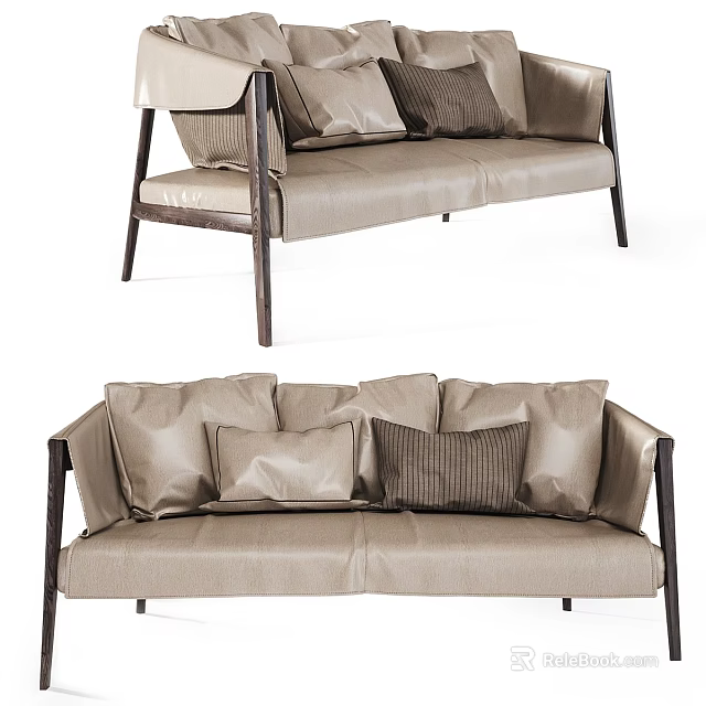 Beige Fabric Two Seater Sofa With Multiple Cushions And Wooden Frame 3d model