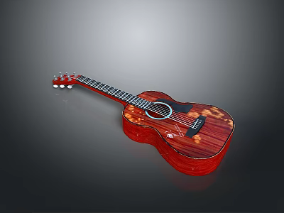 Red Wooden Acoustic Guitar With Patterned Design For Home Decor And Daily Use 3d model
