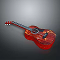 Red Wooden Acoustic Guitar With Patterned Design For Home Decor And Daily Use