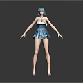 Woman With Turquoise Hair In Blue Dress And Hair Accessory Standing With Arms Outstretched