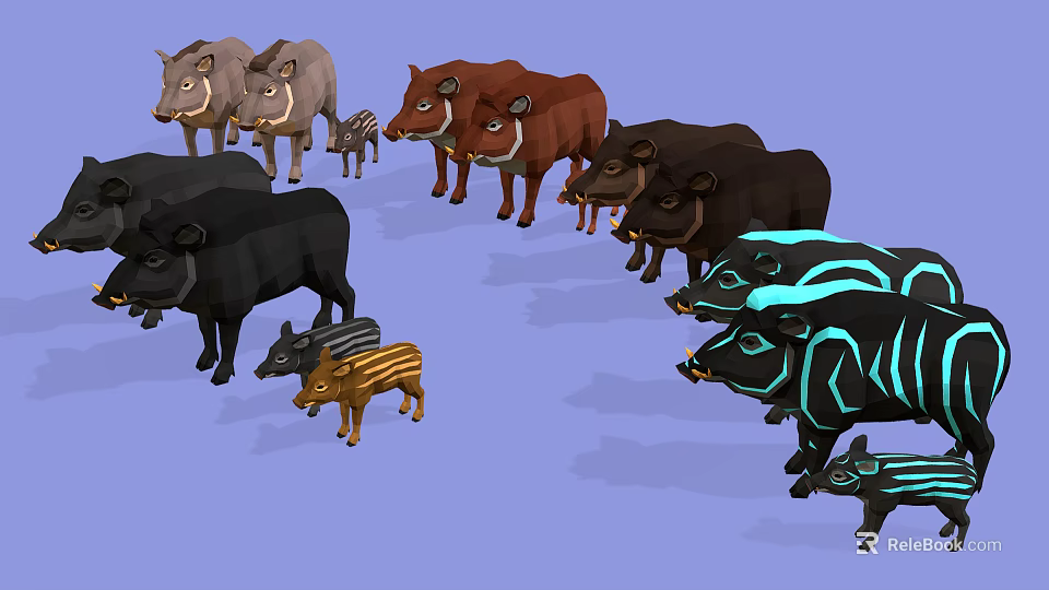Group of Various Colored Pigs Including Striped Neon Glowing and Different Sizes 3d model 