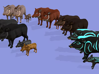 Group of Various Colored Pigs Including Striped Neon Glowing and Different Sizes 3d model