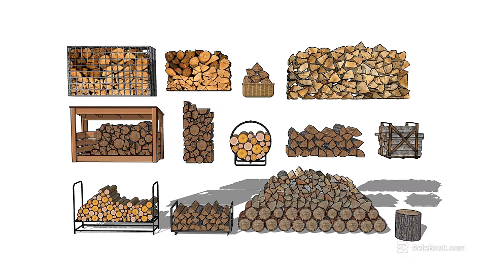 Wooden Logs Stacked in Racks Crates and Piles for Firewood Storage 3d model 