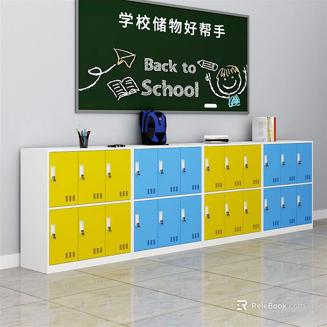 Colorful School Lockers With Back to School Blackboard and Student Supplies 3d model 