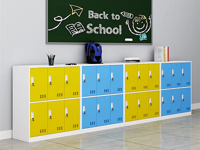 Colorful School Lockers With Back to School Blackboard and Student Supplies 3d model