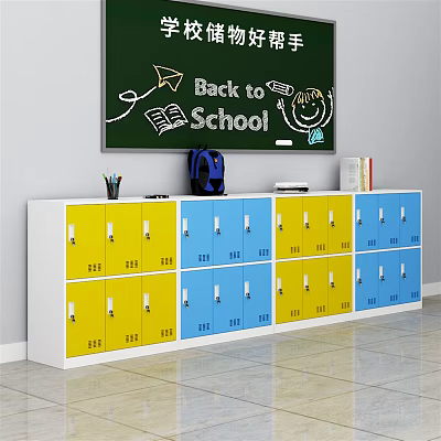 Colorful School Lockers With Back to School Blackboard and Student Supplies 3d model