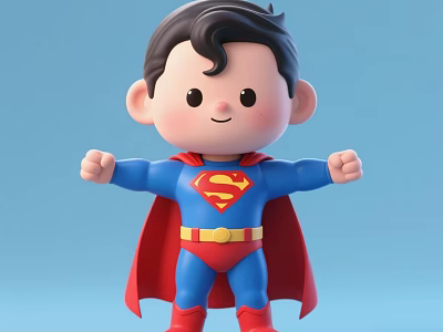 Cute Man In Superman Outfit With Blue Suit Red Cape Yellow Belt Light Blue Background 3d model